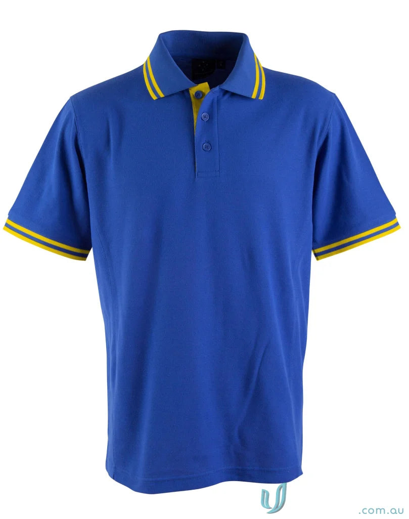Kids Grace Polo in blue pique short sleeve with yellow trim, perfect for casual wear