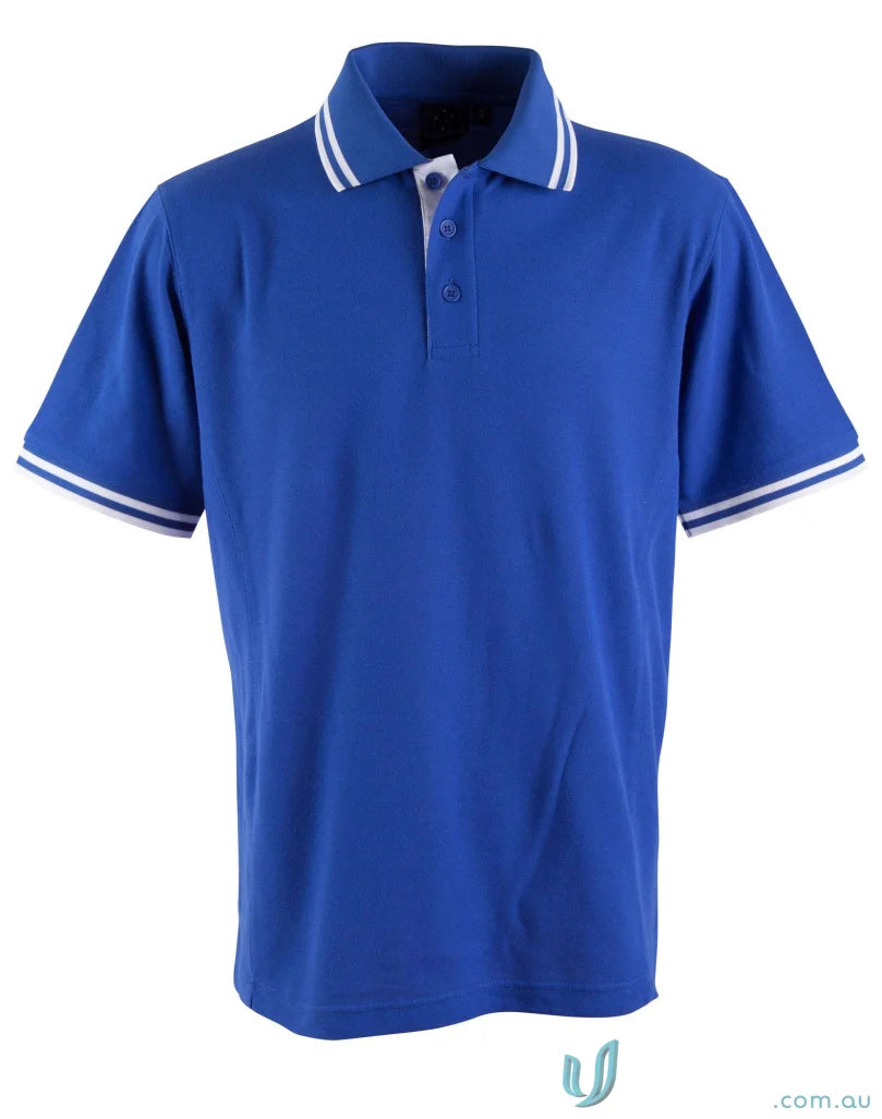 Kids Grace Polo in blue pique short sleeve with white trim, perfect for casual style