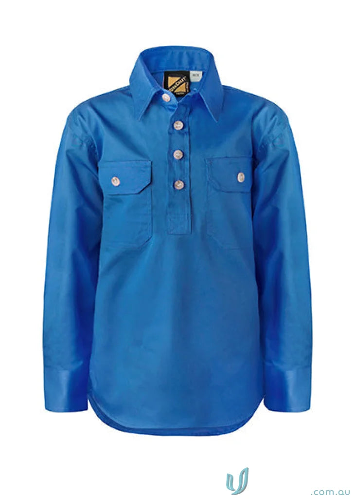 Kids Half Placket shirt, cool workcraft kids half junior farming gear in blue