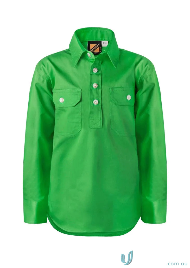 Green long-sleeved work shirt for kids with half placket, perfect for Junior Farming Gear