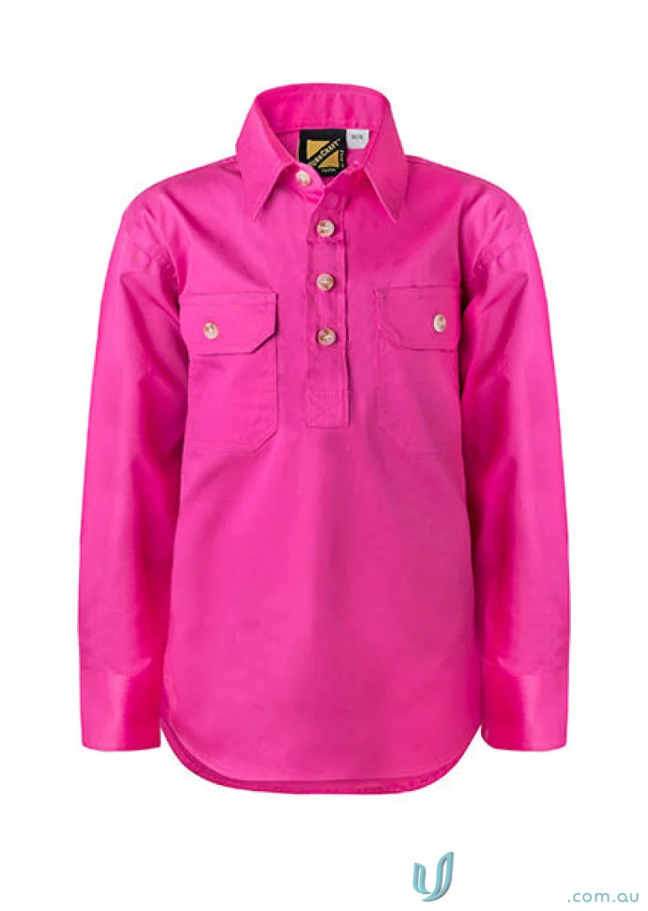 Bright pink kids half placket work shirt from Workcraft Kids Half for junior farming gear