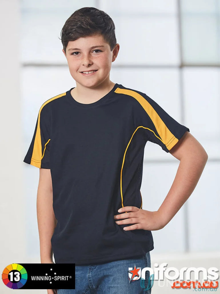 Kids Legend Tee boy’s navy and gold athletic t-shirt perfect for school uniforms or workwear