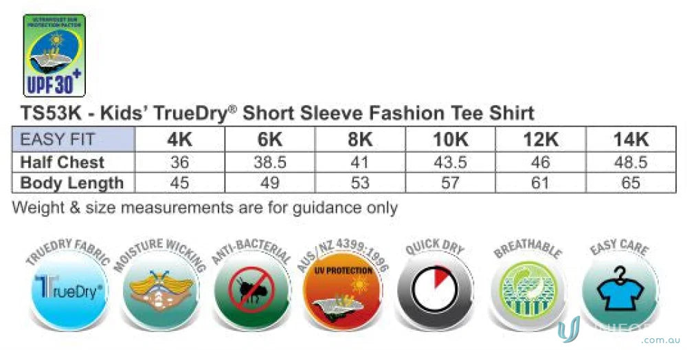 Kids Legend Tee sizing chart showing kids’ short sleeve tee shirts for uniforms and workwear