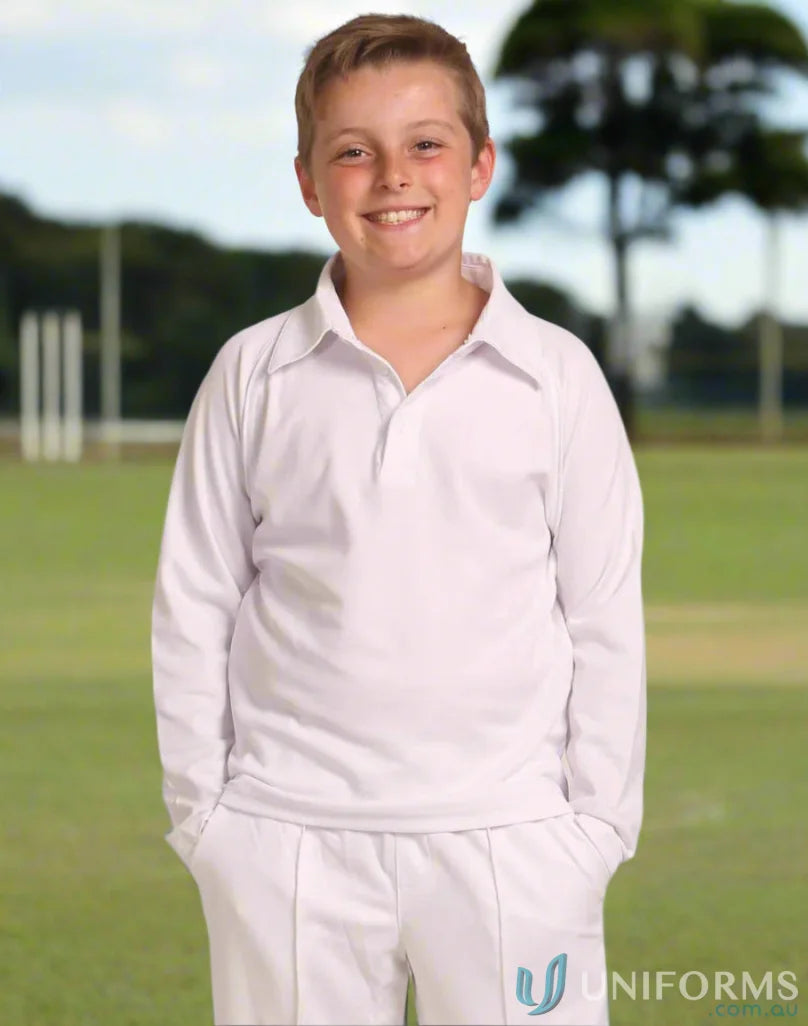 Kids LS Cricket Polo with white long sleeve cricket uniform for young cricketers