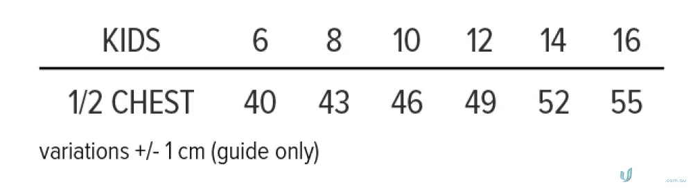 Kids Olympus Jacket size chart with zip info for kids’ uniforms and workwear sizes