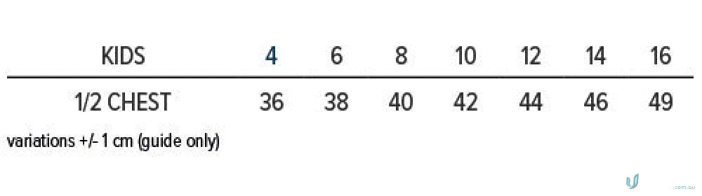 Kids Panorama Polo size chart showing kids’ clothing sizes, perfect for uniforms and workwear