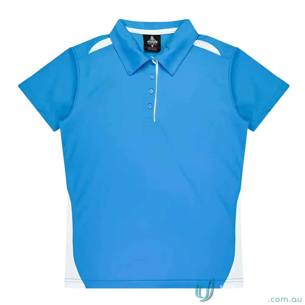 Blue and white Kids Paterson Polo with button placket, perfect for uniforms or workwear