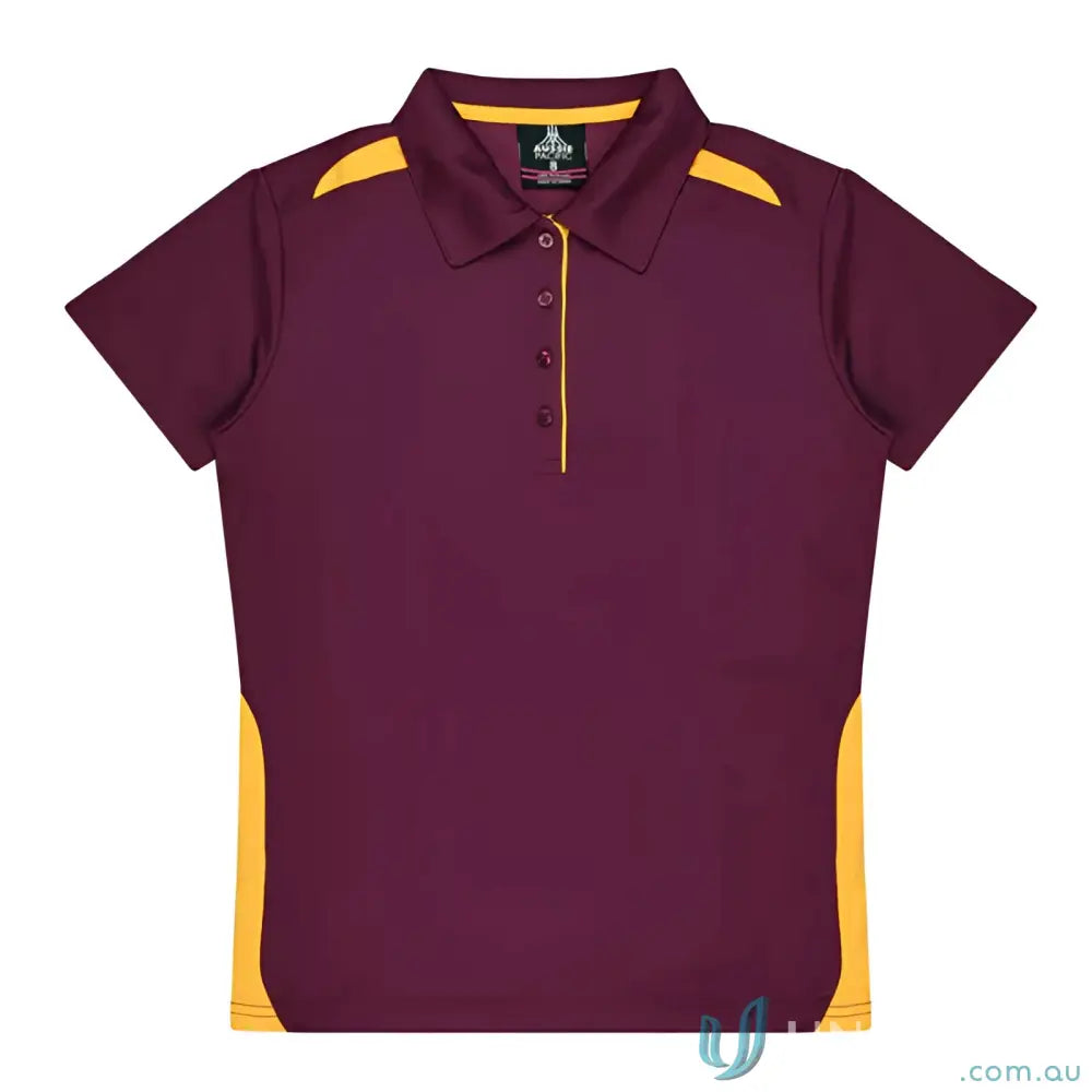 Kids Paterson Polo in maroon and gold with button placket, perfect for uniforms or workwear