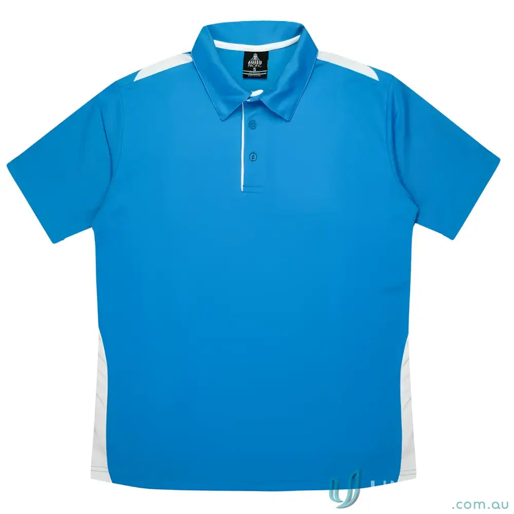 Kids Paterson Polo with blue button placket, white shoulder panels, perfect for uniforms or workwear