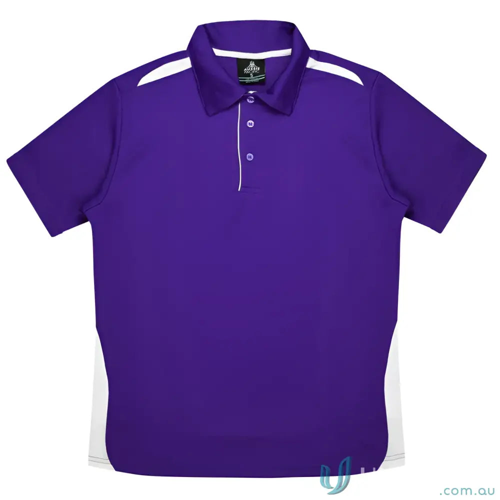 Kids Paterson Polo in purple with white accents, perfect for uniforms or workwear