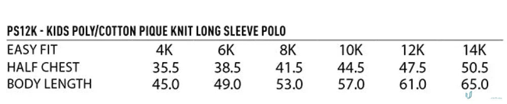 Kids long sleeve polo size chart for Kids Pique LS Polo in traditional poly cotton