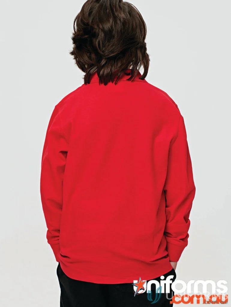 Kids Pique LS Polo in red with traditional poly cotton long sleeve polo style