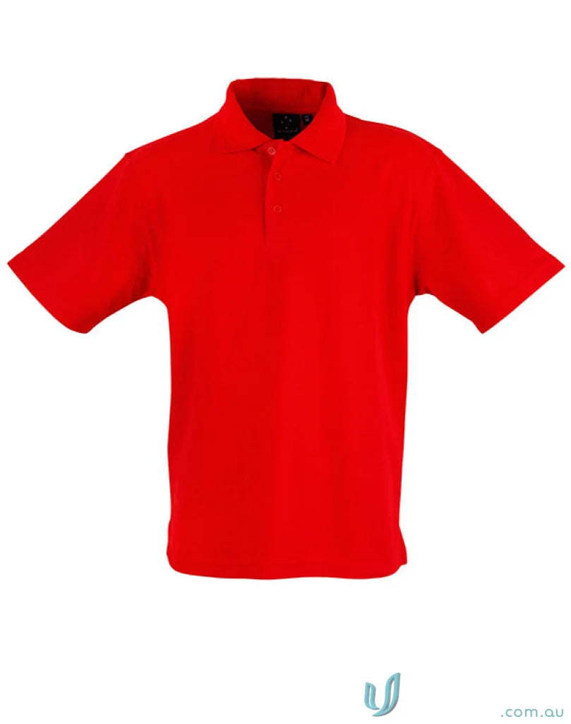 Red short-sleeved kids polo shirt made from premium poly-cotton pique knit