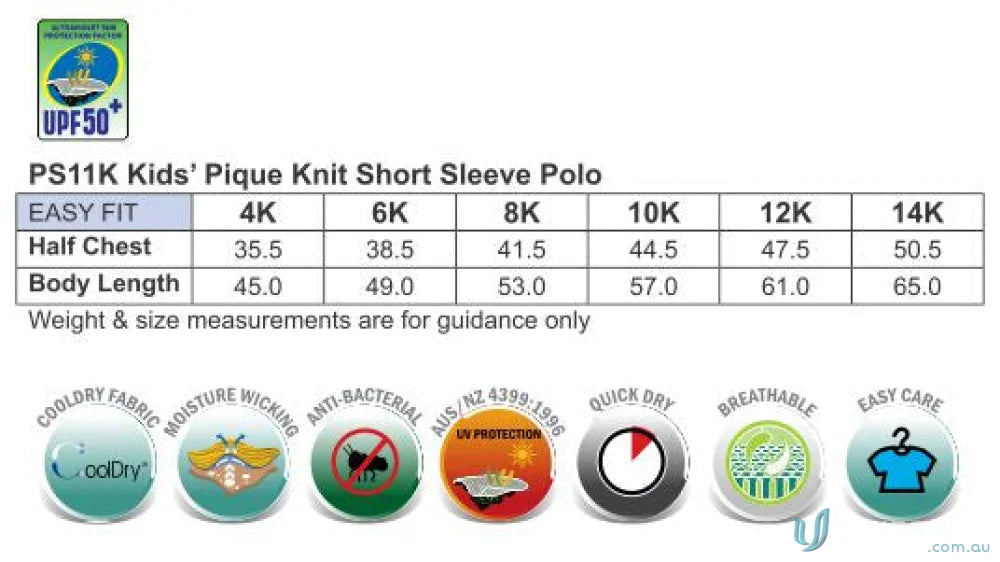 Kids polo size chart for kids polo shirts made from premium poly-cotton pique knit