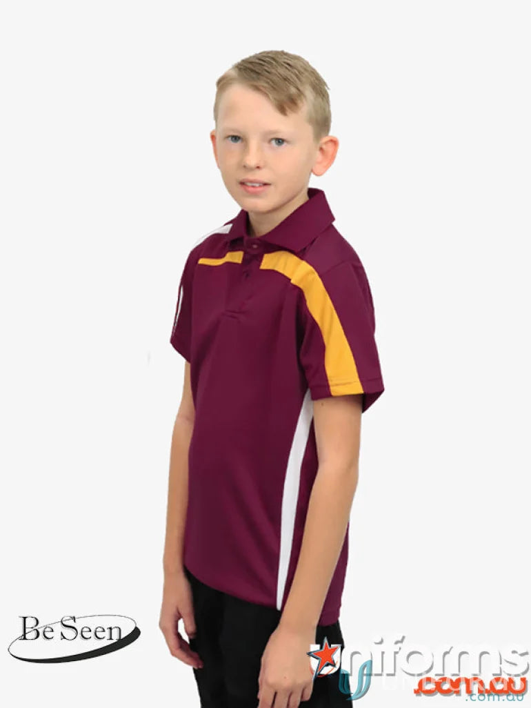 Kids Planett Polo shirt in maroon and gold with Cooldry moisture management tech