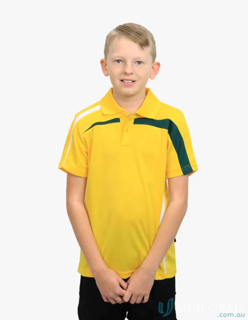 Kids Planett Polo featuring cooldry moisture management technology in yellow and green