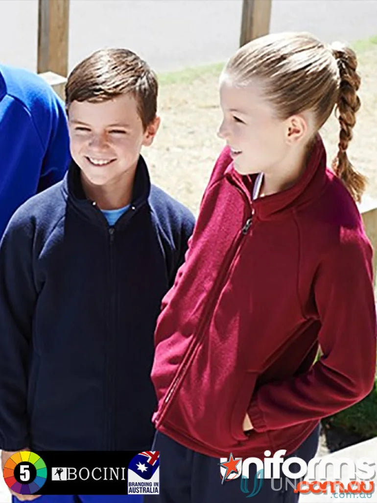 Two kids showing off their cozy Kids Polar Fleece Zip Through Jacket and fleece zip jackets