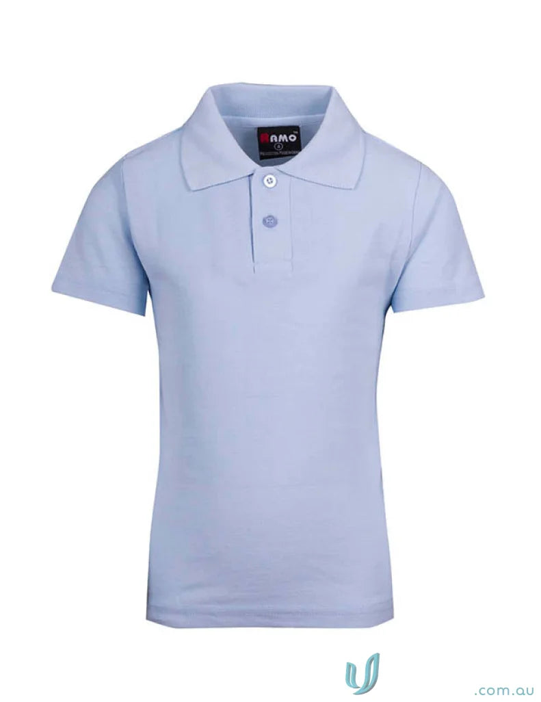 Light blue kids polo shirt with two-button placket, perfect for school uniforms or workwear