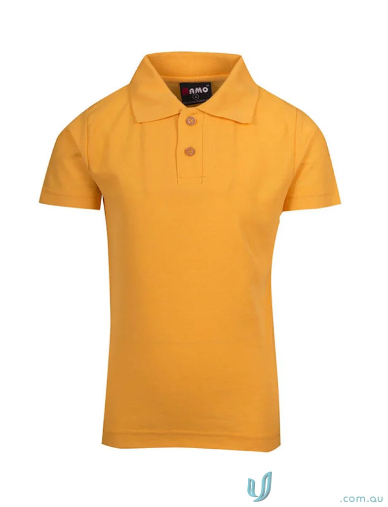 Kids Polo mustard yellow short-sleeved polo shirt with brown buttons for uniforms or workwear