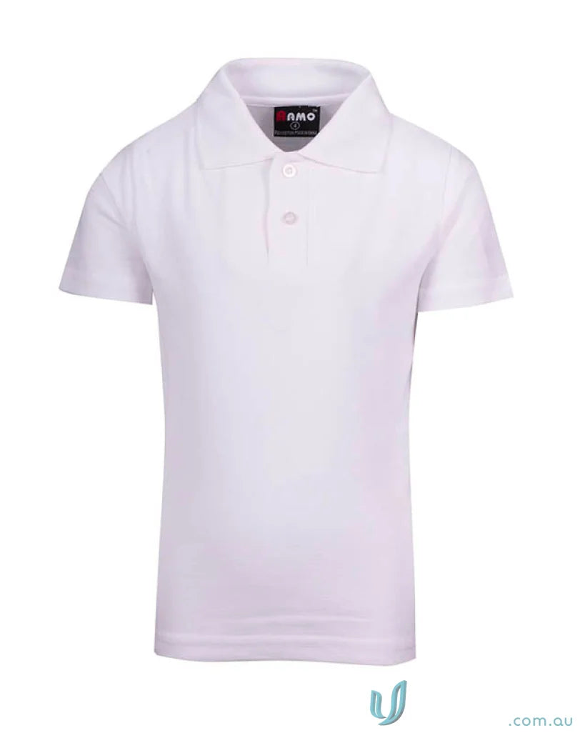 Kids Polo white short-sleeved polo shirt with black and red brand tag on collar