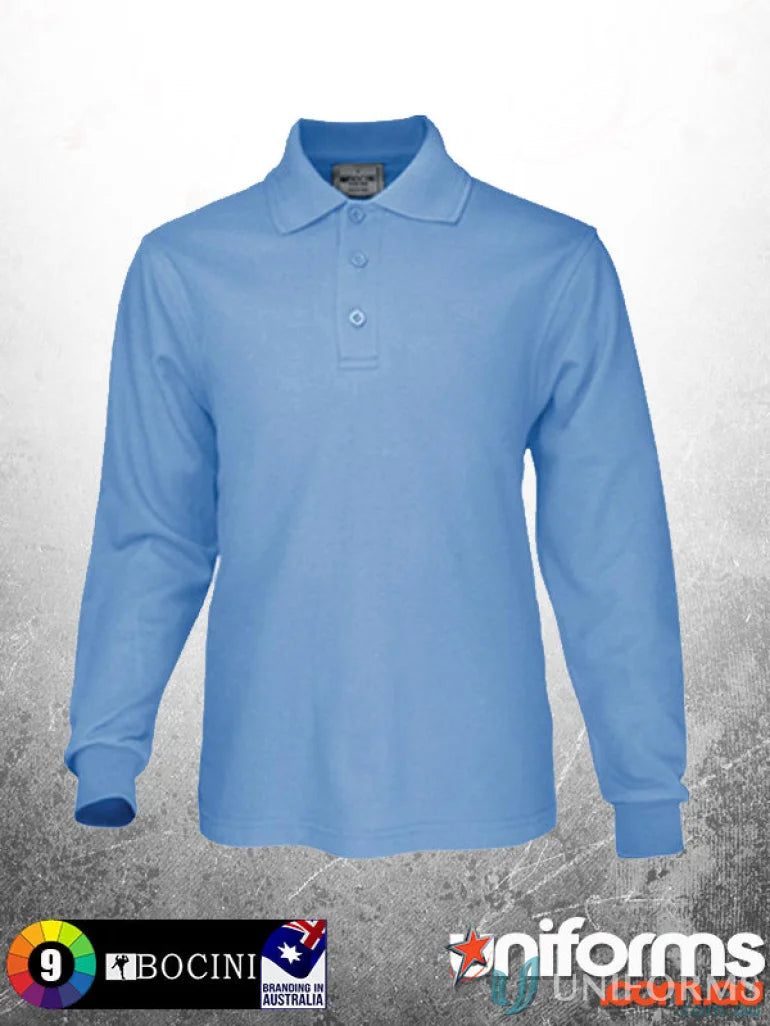 Kids poly face cotton long-sleeved polo shirt in light blue with three buttons
