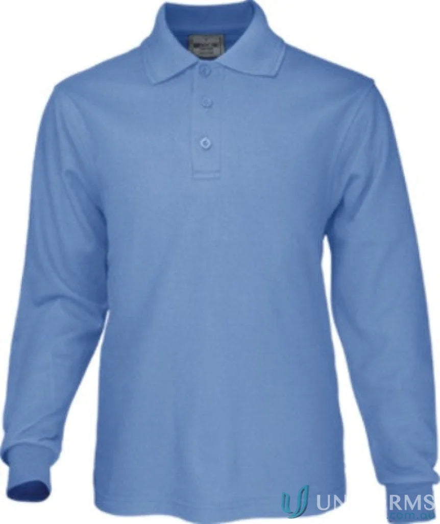 Kids poly face cotton long-sleeved polo shirt with three-button placket in light blue