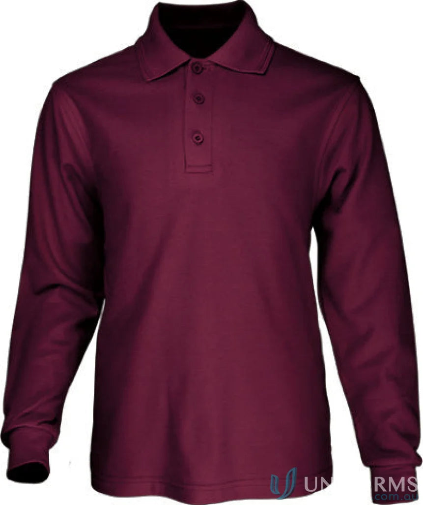 Kids poly face cotton long-sleeved maroon polo shirt with three-button placket
