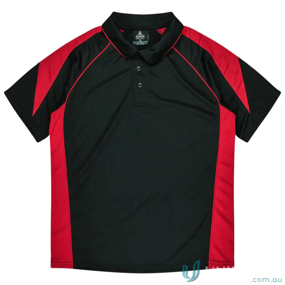 Kids Premier Polo shirt in black and red fabric, perfect for uniforms or casual workwear