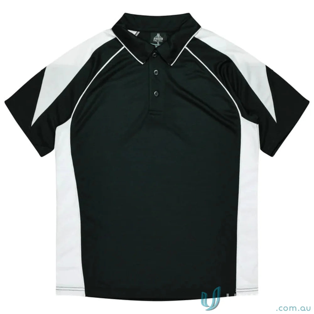 Kids Premier Polo in classic black and white fabric, perfect for uniforms or workwear