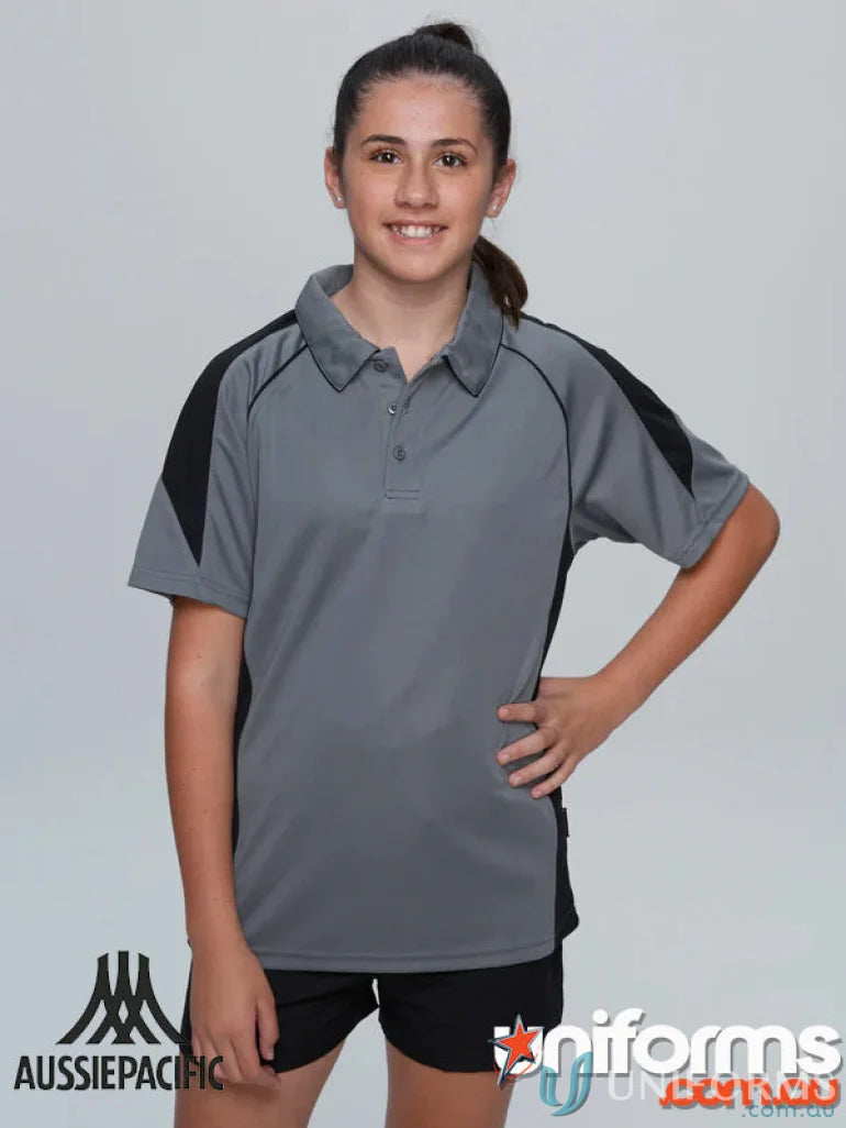 Kids Premier Polo in gray and black fabric, perfect for uniforms or casual workwear