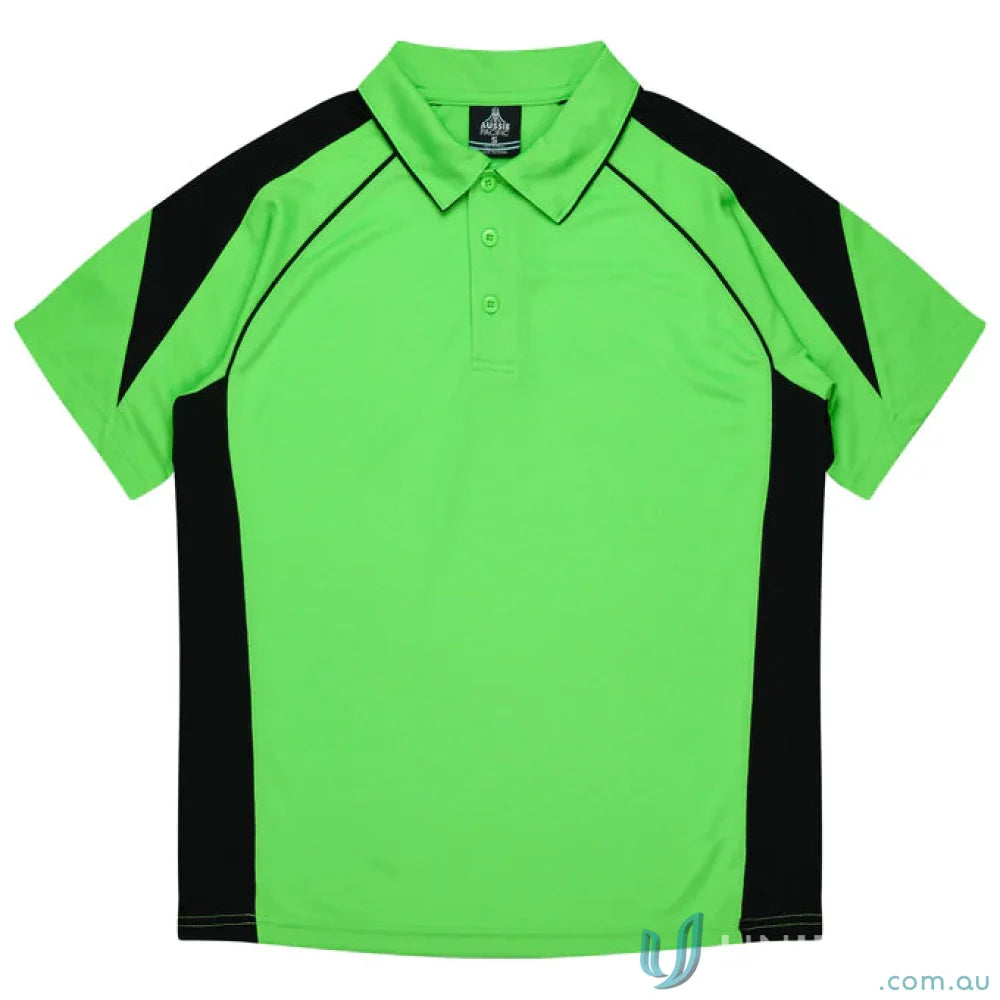 Kids Premier Polo with green and black fabric, perfect for uniforms or casual workwear