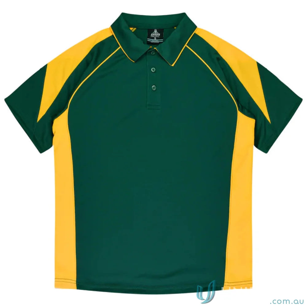 Kids Premier Polo shirt in green and yellow fabric, perfect for uniforms or workwear