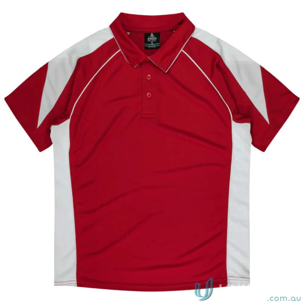 Kids Premier Polo shirt in red and white fabric, perfect for uniforms or workwear