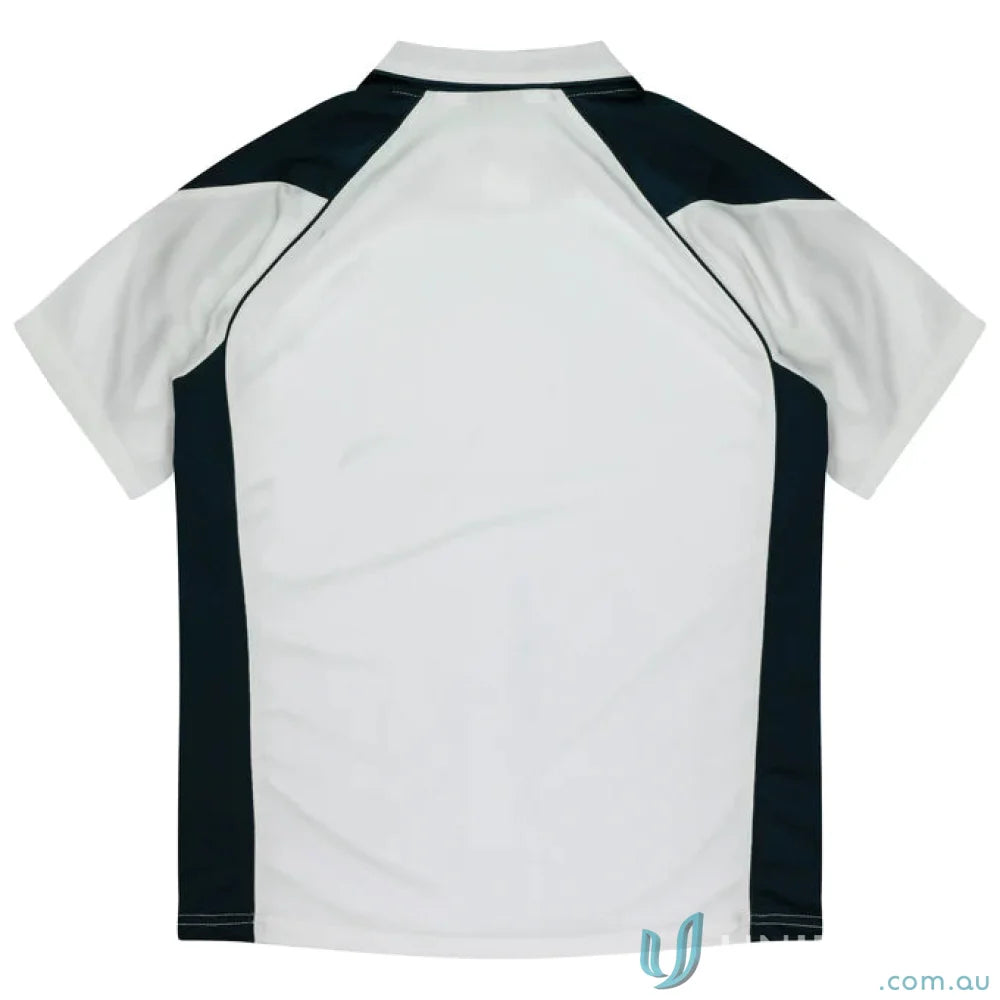 Kids Premier Polo with stylish white and black fabric, perfect for uniforms or workwear