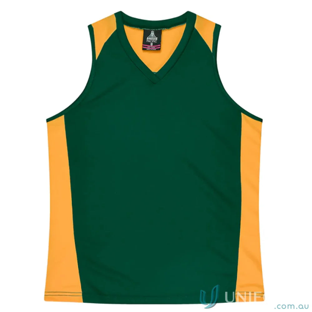 Kids Premier Singlet with green and gold fabric neck bind sleeveless V-neck shirt