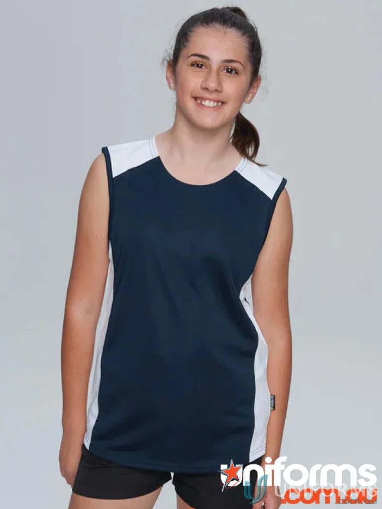 Kids Premier Singlet navy and white sleeveless athletic top with fabric neck bind