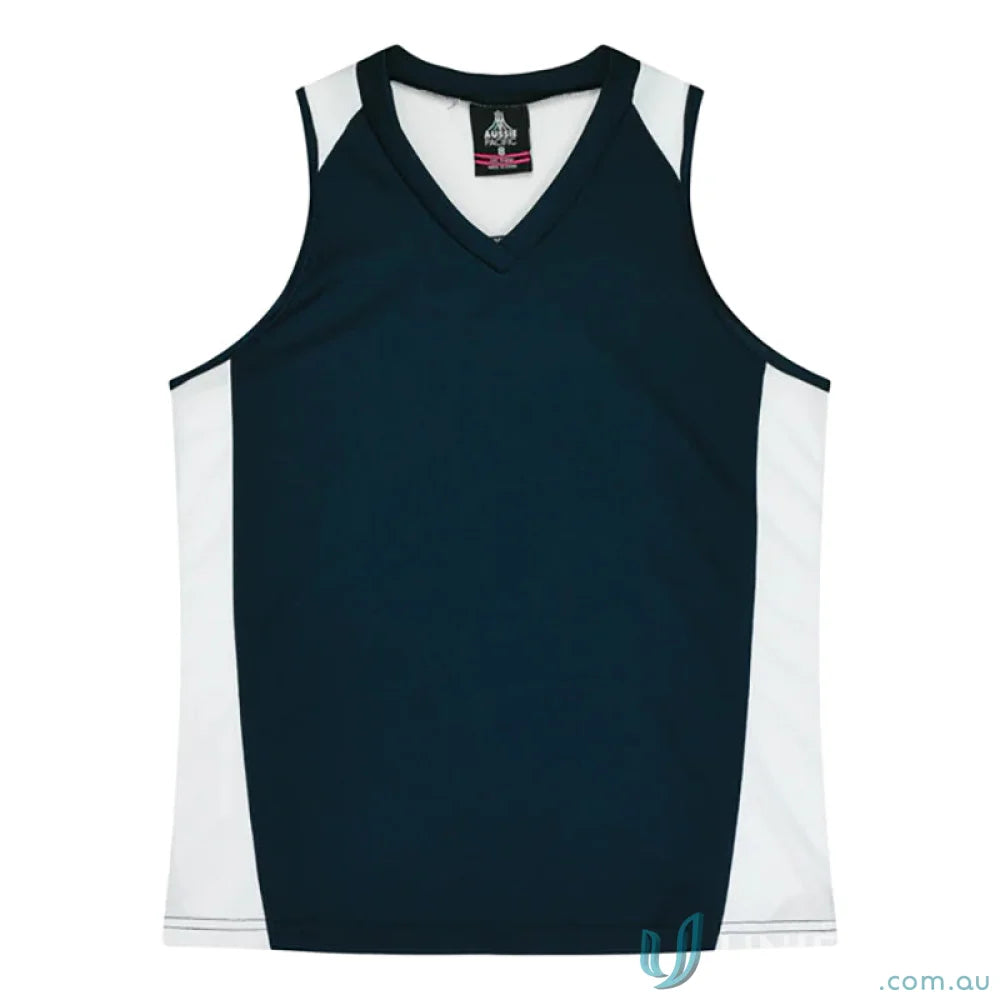 Kids Premier Singlet with navy and white V-neck athletic tank top featuring fabric neck bind