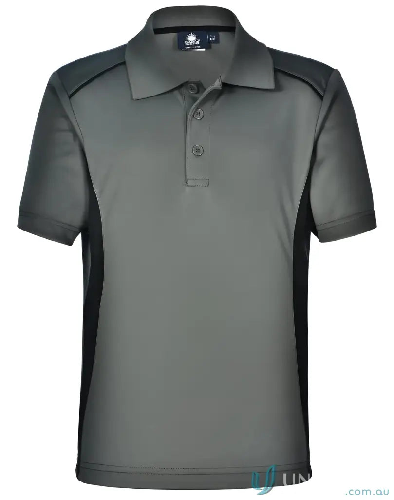 Kids Pursuit Polo in charcoal grey with black side panels and shoulder accents