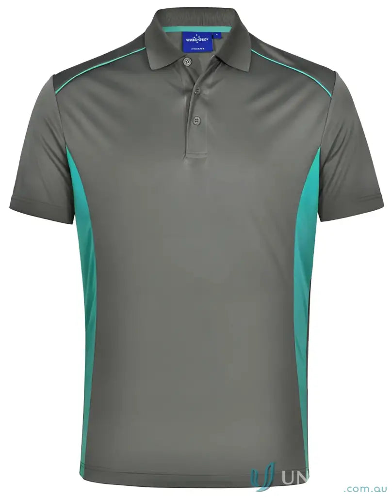 Kids Pursuit Polo shirt in dark grey with teal side panels and piping for boys