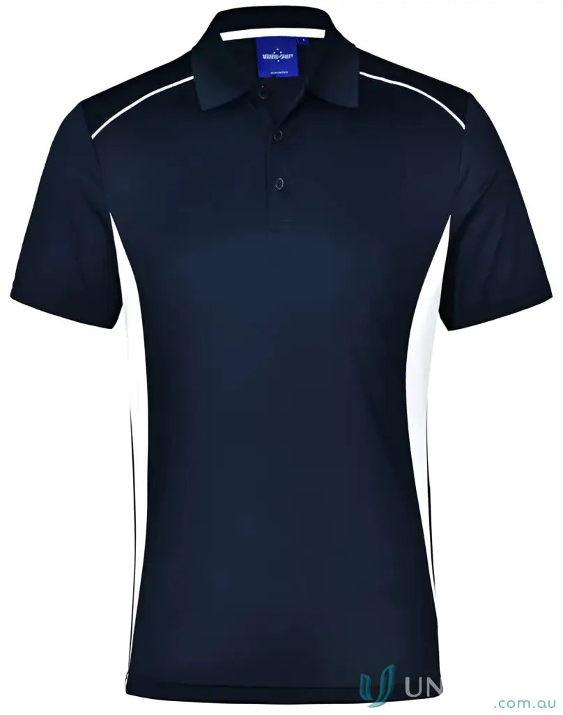 Kids Pursuit Polo navy blue shirt with white side panels and piping, perfect for kids