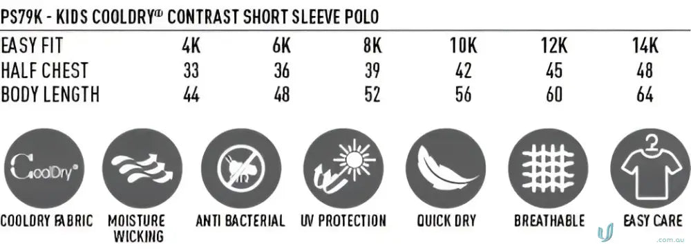 Kids Pursuit Polo size chart and features for the PS79K Pursuit Polo shirt