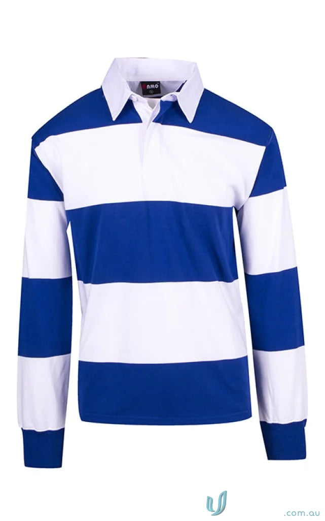 Kids rugby long-sleeved jersey with blue and white stripes and white collar