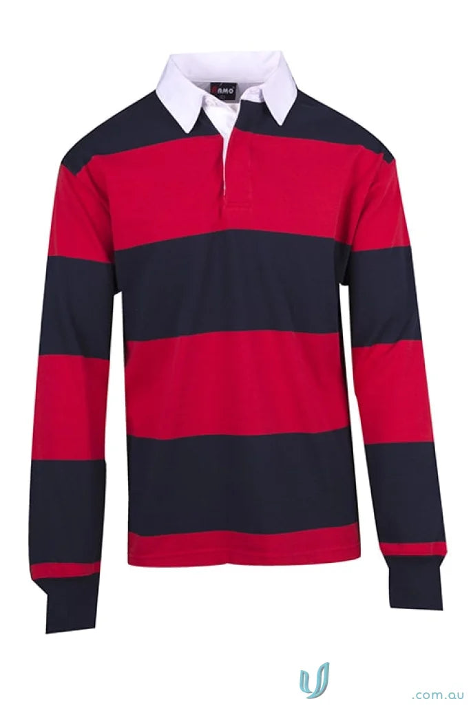 Kids rugby jumper with red and navy stripes and white collar, perfect for rugby uniforms