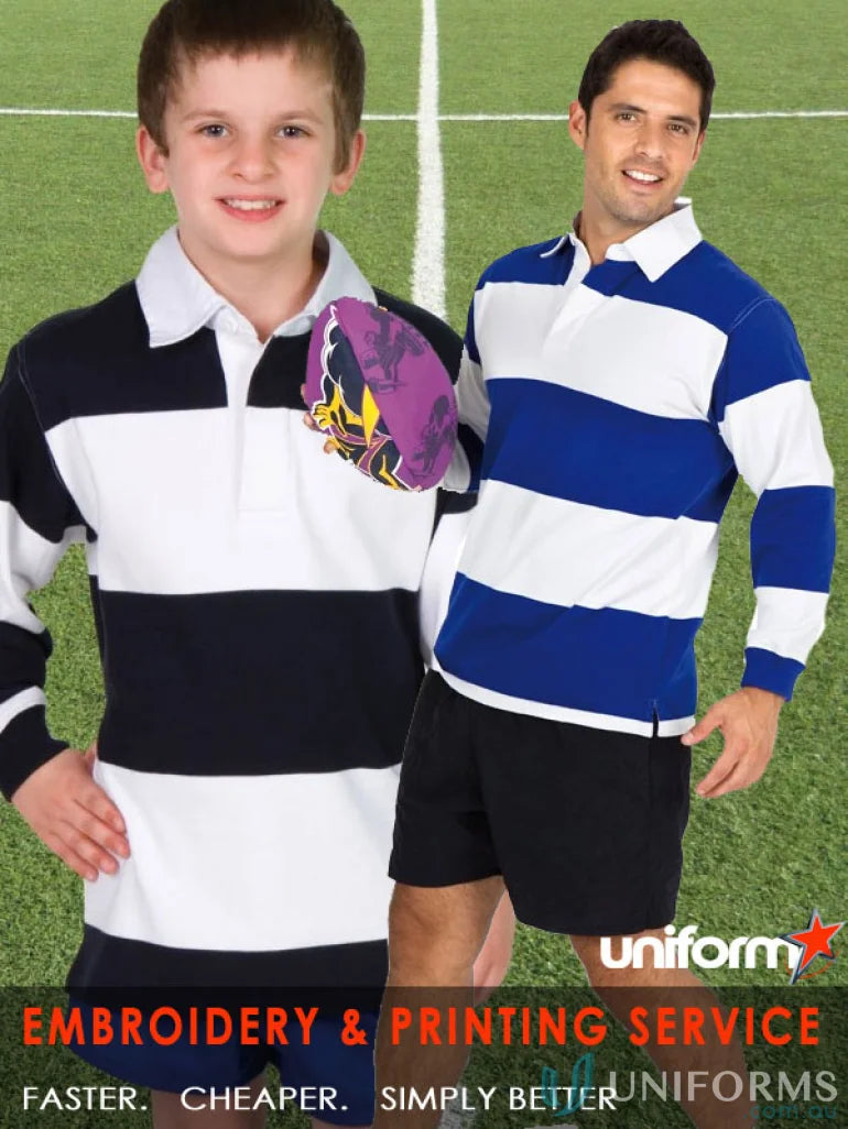 Two guys in kids rugby striped rugby jerseys and black shorts showing off the Kids Ramo Rugby Jumper
