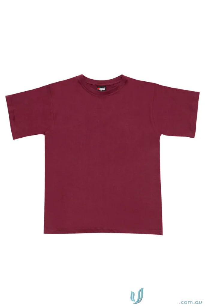 Kids regular maroon short-sleeve T-shirt perfect for uniforms and workwear, check sizing guide