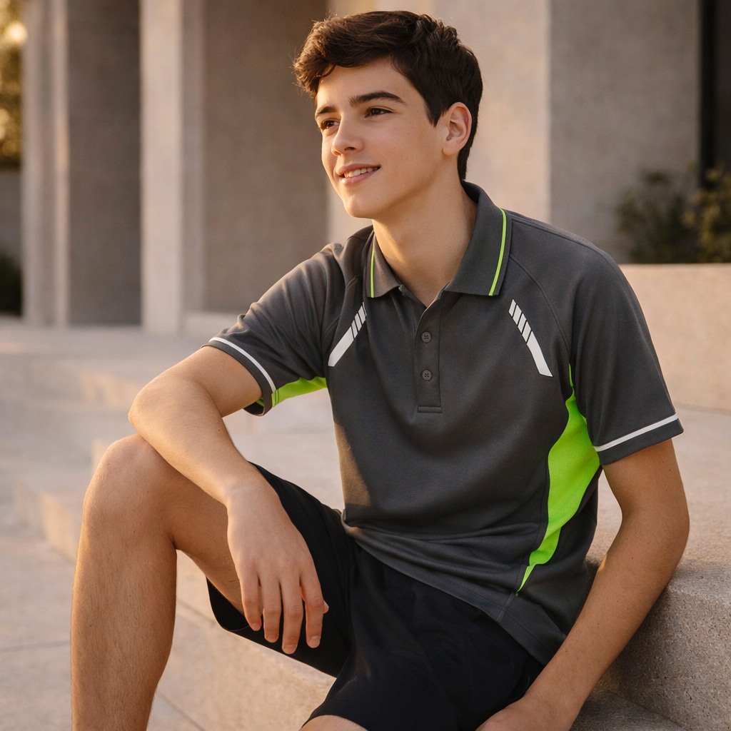 Kids Renmark Polo in dark gray with neon green and white accents