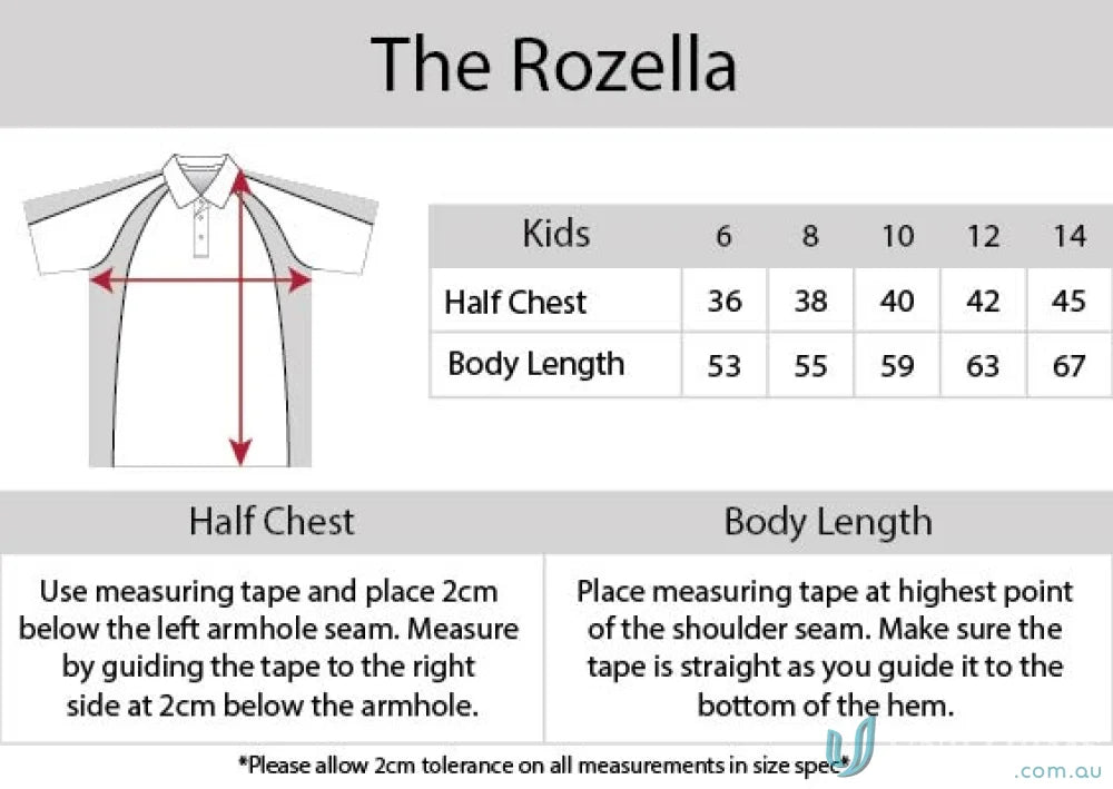 Kids Rozella Polo clothing size chart with cooldry moisture management technology