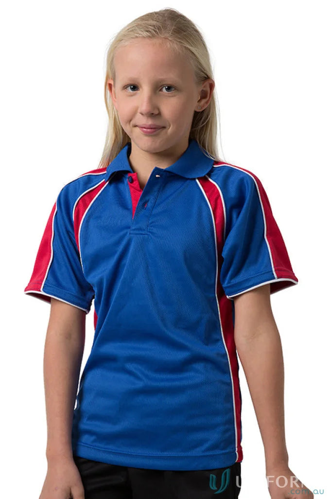 Kids Rozella Polo with cooldry moisture management tech in blue and red color