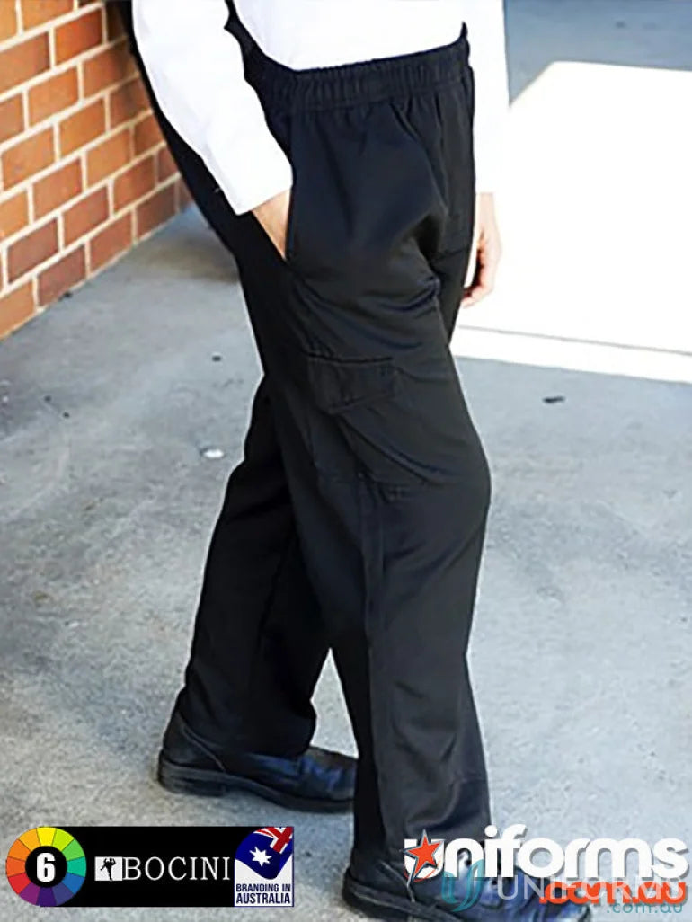 Kids school cargo pants in black with elastic waistband and side pockets for comfy school days