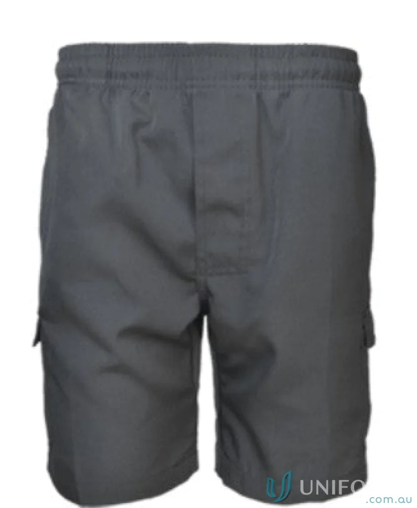 Kids school cargo shorts in dark grey with elastic waistband, perfect for school days